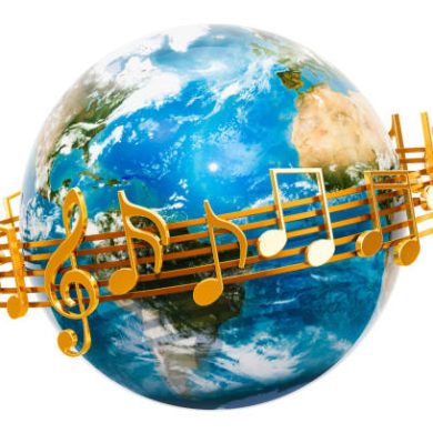 Earth Globe with musical notes around, 3D rendering isolated on white background. The source of the map - https://svs.gsfc.nasa.gov/3615